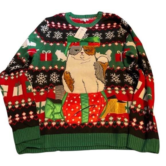 Ugly Christmas Sweater Cat Men’s 2X NEW Black Red Green - Picture 1 of 5